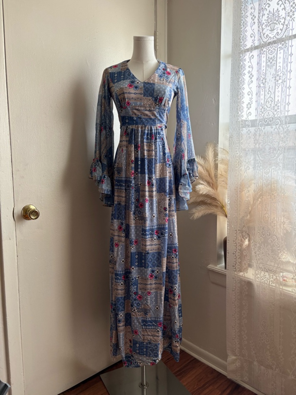 vintage 70s patchwork bell sleeve‎ maxi dress